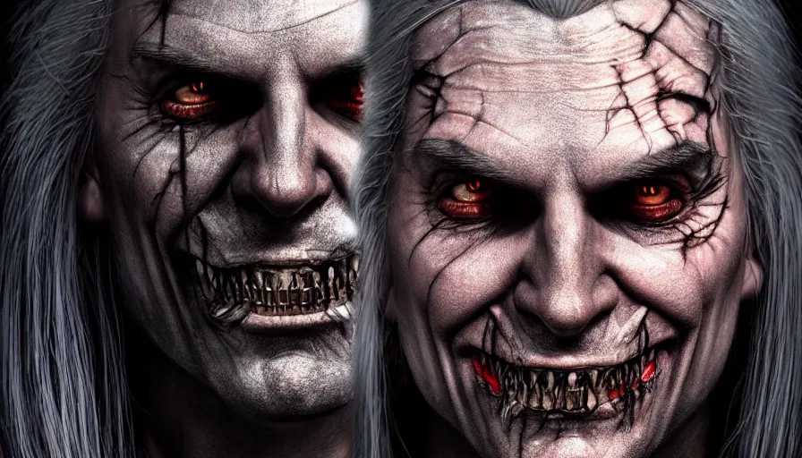 Prompt: magical witcher, evil smile, death, fear, horror, extremely high detail, ultra realistic, hyperrealism, by giger, 4 k