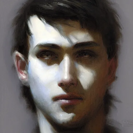 Prompt: A handsome emo guy, close-up painting by Gaston Bussiere, Craig Mullins