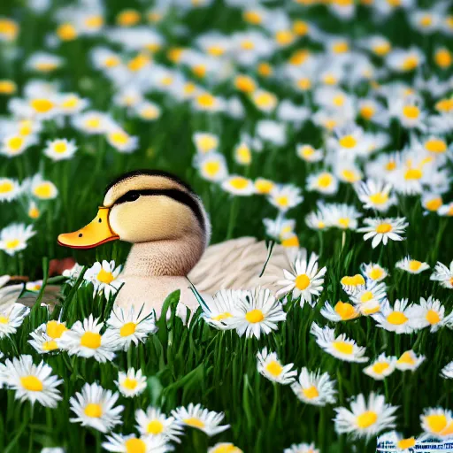 Prompt: a duck in a field of daisies on a bright sunny day, duck surrounded by daisies, with clouds in the sky, lots of little daisies in the field, spring, nature, beautiful, disney pixar style, super resolution, extremely detailed, 4k