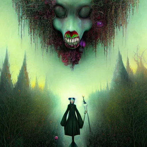 Image similar to Vampire traveling through a beautiful psychedelic world, horror, illustrated by Andrew Ferez, trending on artstation