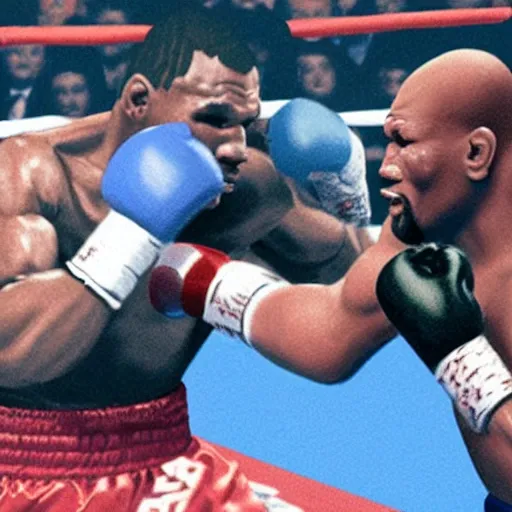 Prompt: Keanu Reaves knocking out Mike Tyson in boxing match, photorealism
