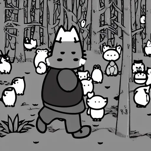 Image similar to tubbs from neko atsume walking through the forest, woodland creatures in the background, b & w, 4 k,