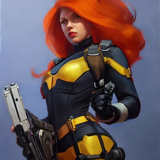 Image similar to greg manchess portrait painting of black widow as overwatch character, medium shot, asymmetrical, profile picture, organic painting, sunny day, matte painting, bold shapes, hard edges, street art, trending on artstation, by huang guangjian and gil elvgren and sachin teng