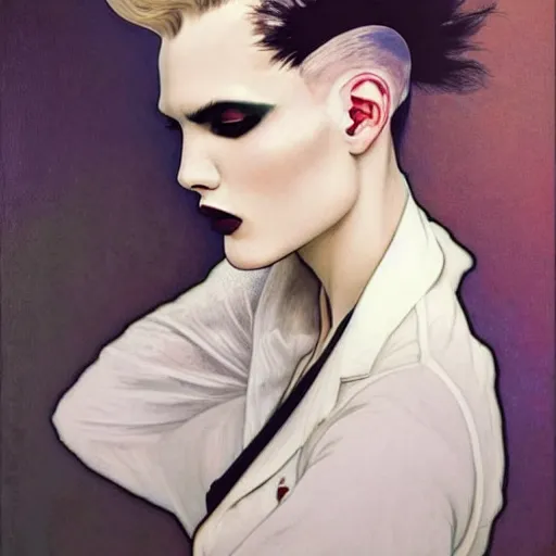 Image similar to beautiful portrait of androgynous ruby rose as desire from sandman in a white tuxedo!!!, rockabilly style,, by alphonse mucha, by jeremy mann, by peter lindbergh, cedric peyravernay, by frank moth, white suit and black tie, soft lightning, high detailed, 8 k