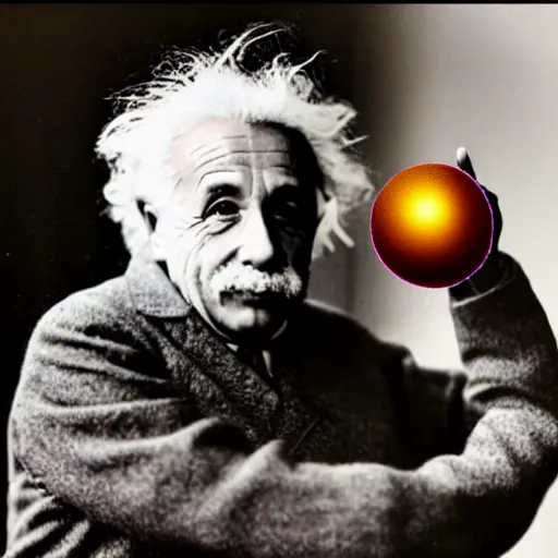 Image similar to einstein holding ( model of atom with metallic spheres ) in his hands, color