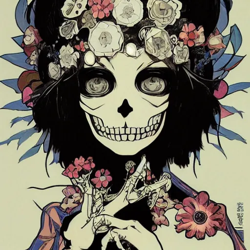 Image similar to anime manga skull portrait girl female skeleton illustration art Geof Darrow and Ashley wood and Ilya repin and alphonse mucha pop art