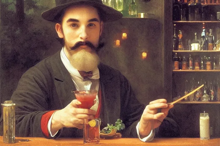 Prompt: a magician from tolkien with beautiful eyes and a full beard holding a multicolored magic drink in a bar, highly detailed painting by studio ghibli and william adolphe bouguereau, nice lighting, smooth tiny details, soft and clear shadows, low contrast, perfect