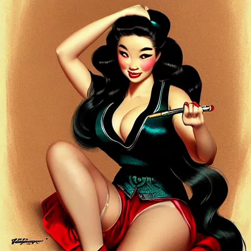 Image similar to pin - up portrait of a beautiful young curvaceous mulan, pretty long hair, intense flirting, showing curves, symmetrical face, digital art, smooth, extremely detailed,, by wu bayard, by gil elvgren, by ralph horsley, by hanks steve