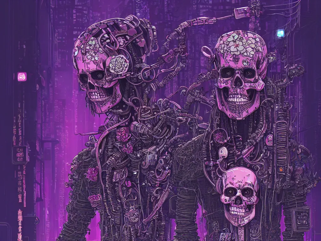 Image similar to high detailed lone dead android skull samurai with plants growing around the neck in a cyberpunk rainy city at night by Josan Gonzalez, purple and pink and blue neons, unreal engine, high quality, 4K, UHD, trending on ArtStation, wires, blade runner vibes, ghost in the shell, akira, dorohedoro