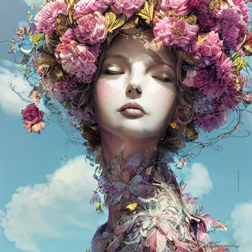 Image similar to the portrait of an absurdly beautiful, graceful, elegant mature woman made of petals looking up, an ultrafine detailed illustration by kim jung gi, irakli nadar, intricate linework, bright colors, octopath traveler, final fantasy, angular, unreal engine 5 highly rendered, global illumination, radiant light, detailed and intricate environment