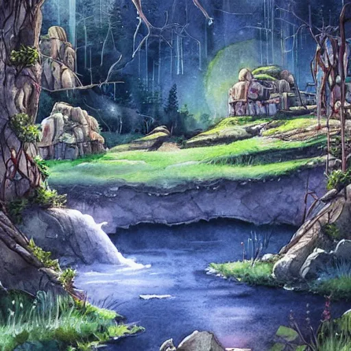 Image similar to beautiful happy picturesque charming sci - fi organic homes in a beautiful natural scene. water, trees and rocks. beautiful light. soft colour scheme. beautiful artistic detailed watercolor by lurid. ( 2 0 2 2 )