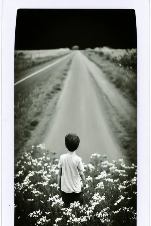 Prompt: photo polaroid of sad and lonely child in the middle of a country road with many flowers in the fields, loneliness, black and white ,photorealistic, 35mm film,