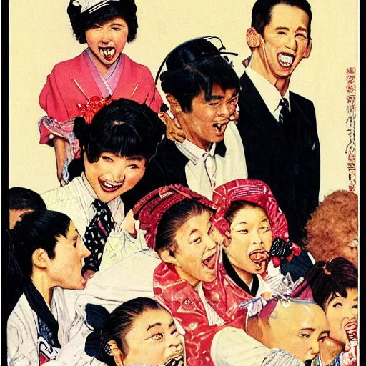 Image similar to A norman rockwell illustration about a japanese 1980 idol singer