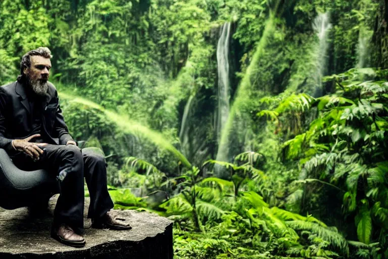 Prompt: movie closeup young man with a grey beard in a cyberpunk suit sitting on a futuristic chair at the edge of a jungle waterfall by emmanuel lubezki