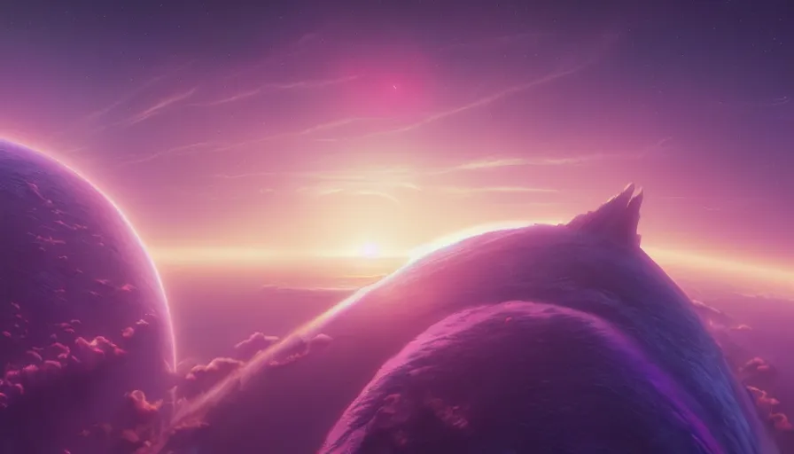 Prompt: A highly detailed matte painting of the sunset in space, purple, by Studio Ghibli, Makoto Shinkai, by Artgerm, by beeple, by Greg Rutkowski, volumetric lighting, octane render, 4K resolution, trending on artstation, masterpiece