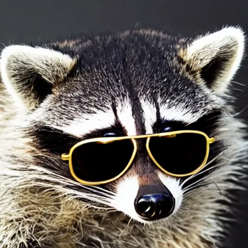 Prompt: raccoon with shades and a gold chain wearing a leather jacket