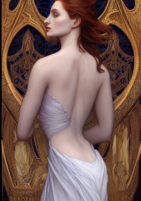 Prompt: sansa angeline jolie gessica chastain ice queen, intricate, elegant, highly detailed, digital painting, artstation, concept art, smooth, sharp focus, illustration, art by artgerm and greg rutkowski and alphonse mucha and william - adolphe bouguereau