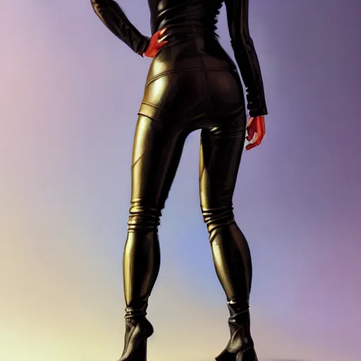 Image similar to painting of female wearing a skintight leather jacket, full view, popular on artstation, artstationhd, artstationhq 8 k, volumetric lighting, super focused, no blur, trending on artstation, artstationhd, artstationhq, ultra detailed, by artgerm and james gurney, greg rutkowski,