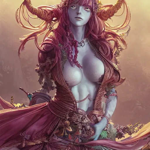 Image similar to the portrait of chaotic good female druid alchemist as absurdly beautiful, gorgeous, elegant, gravure idol, an ultrafine hyperdetailed illustration by kim jung gi, irakli nadar, intricate linework, sharp focus, bright colors, octopath traveler, final fantasy, unreal engine 5 highly rendered, global illumination, radiant light, detailed and intricate environment