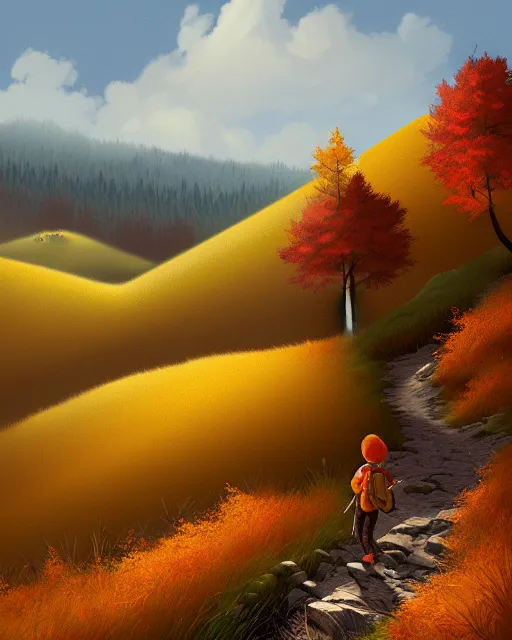 Image similar to autumn hillside boy hiking illustration detailed, by quentin mabille