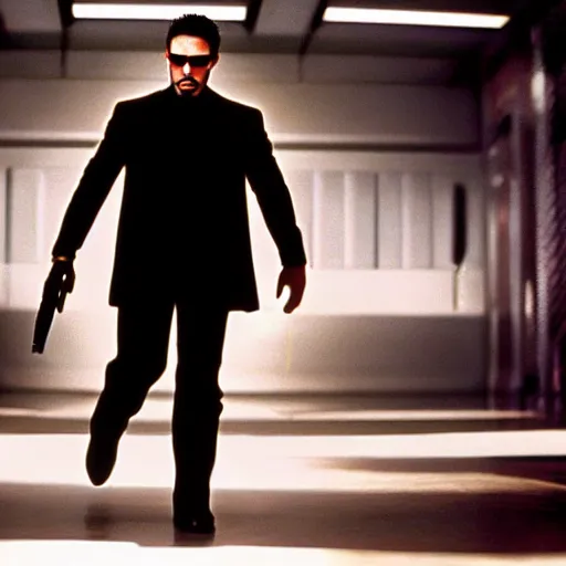 Image similar to cinematic still of Tony Stark in The Matrix (1999), XF IQ4, f/1.4, ISO 200, 1/160s, 8K, RAW, dramatic lighting, symmetrical balance, in-frame