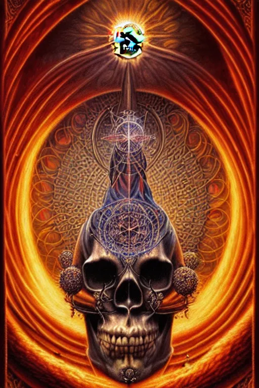 Image similar to A beautiful detailed orixa sun godness, tarot card, by tomasz alen kopera and Justin Gerard, symmetrical features, ominous, magical realism, texture, intricate, ornate, royally decorated, skull, skeleton, whirling smoke, embers, red adornements, red torn fabric, radiant colors, fantasy, trending on artstation, volumetric lighting, micro details, 3d sculpture, ray tracing, 8k, anaglyph effect