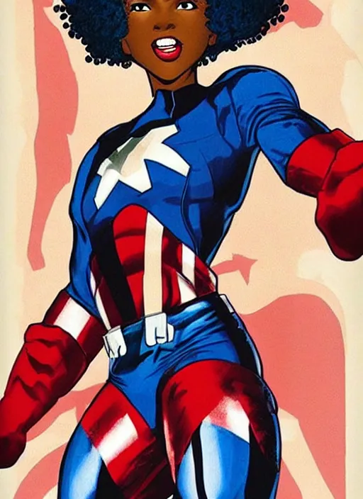 Image similar to beautiful black female captain america. afro - feminist captain america wins wwii. american wwii propaganda poster by carole feuerman, masamune shirow, rob liefeld and pixar. gorgeous face. pin up model. overwatch, realistic