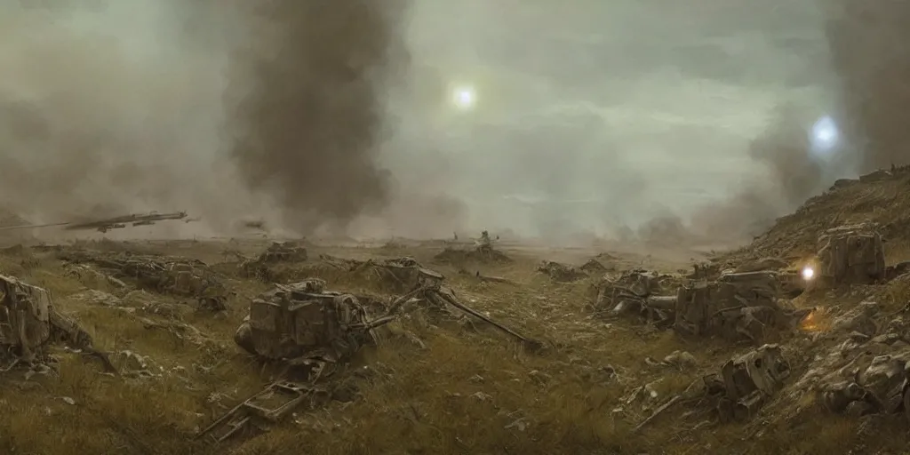 Prompt: world war 1 landscape in star wars, trench warfare, atmospheric, beautiful lighting, painted by john howe and greg rutkowski