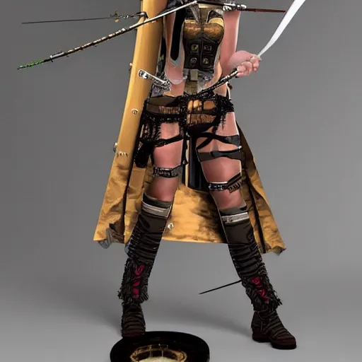 Prompt: full body photo of a clockpunk female archer