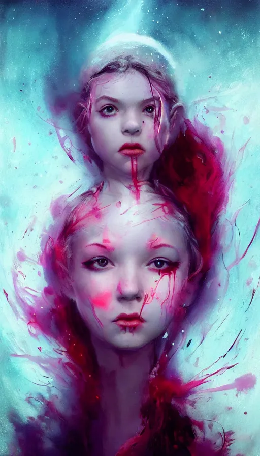 Prompt: shot of sinister girl with pouty aerochrome ( ( ( lips ) ) ), fungal, adorable, expressive eyes, playful pose of a dancer, greg rutkowski, charlie bowater, yuumei, stephen gammell, unreal 5, daz, hyperrealistic, space suit, dark, dynamic lighting, fantasy art, beautiful face