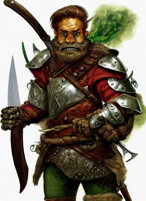 Image similar to strong young man, photorealistic bugbear ranger holding a flaming sword, black beard, dungeons and dragons, pathfinder, roleplaying game art, hunters gear, jeweled ornate leather and steel armour, concept art, character design on white background, by alan lee, norman rockwell, makoto shinkai, kim jung giu, poster art, colours red and green