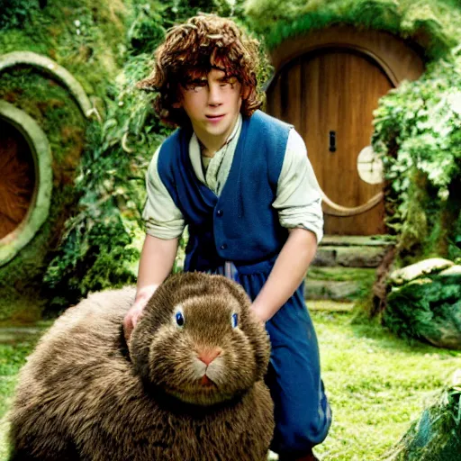 Image similar to a british lad as Bartook a teen hobbit with short curly dark brown hair wearing a blue vest with a white sash standing next to a giant rabbit, high resolution film still, movie by Peter Jackson