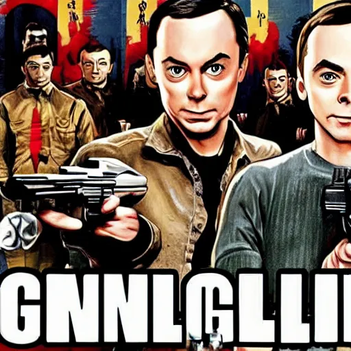 Prompt: sheldon cooper in a gang holding a gun