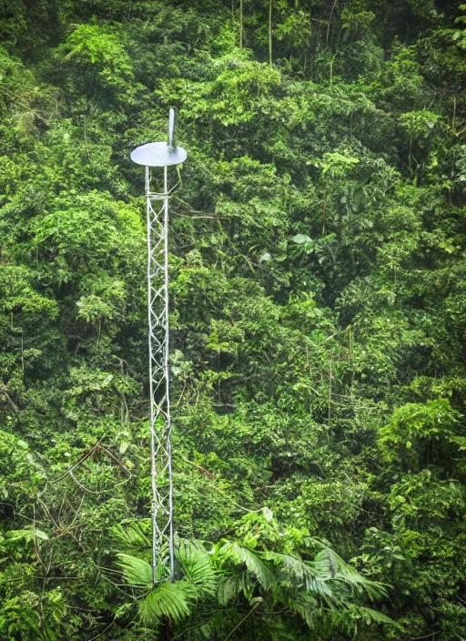 Prompt: an abandoned antenna in a jungle