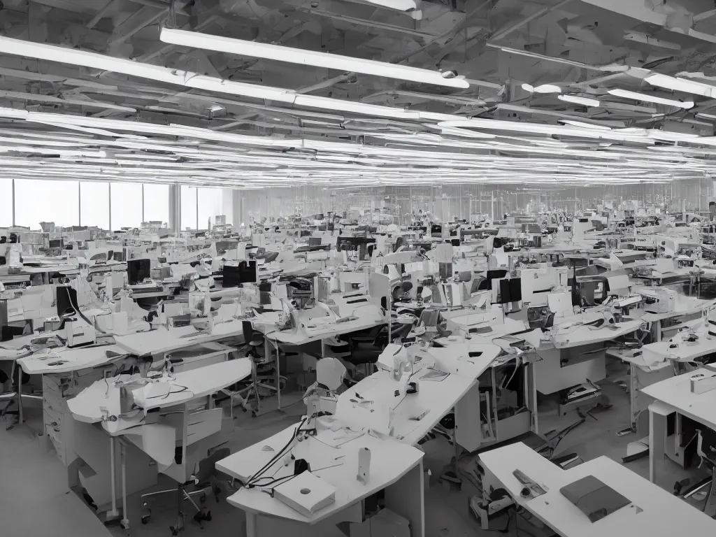 Image similar to candid photo rows upon rows of workshop desks perfectly knolled, stretching off to the horizon, sunrise cozy futuristic zero - g open - air design studio by jony ive, scale model floating in midair in front of me, brilliant daylight vr os ux, leica 8 k still from an a 2 4 film