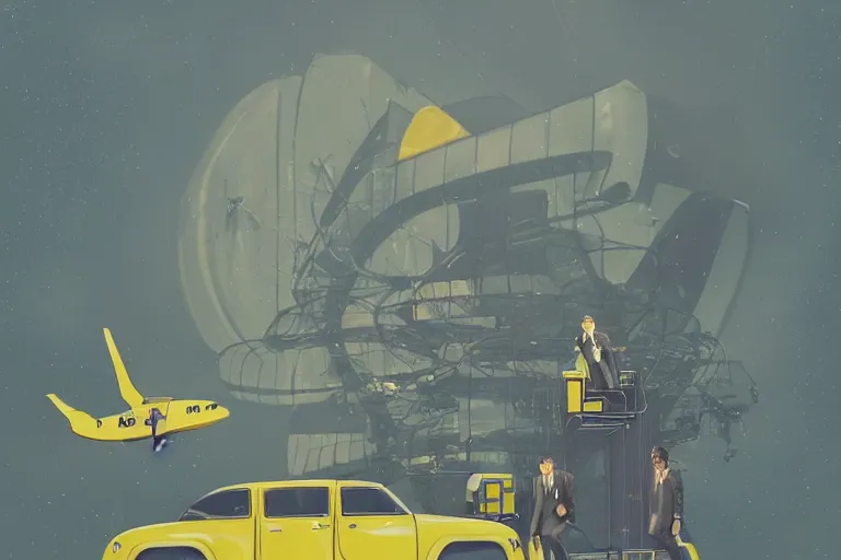 Image similar to the beatles performs with guitar on a yellow flying bus, sci fi, art by mike winkelmann, trending on cgsociety, retrofuturism, darksynth, sci - fi