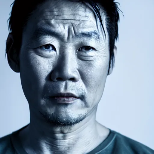 Prompt: a close up photographic portrait of a rugged asian actor wearing wet weather gear looking worried taken by annie leibowitz. cinematic lighting, blue background colour, 5 0 mm, subsurface scatter.