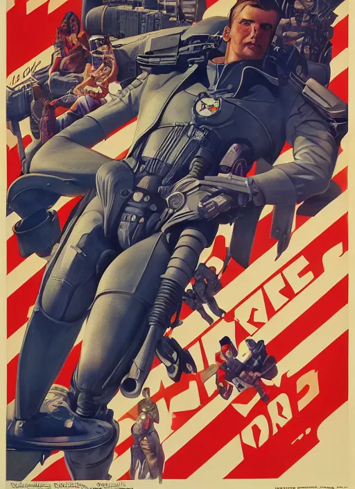 Image similar to american propaganda poster. cyberpunk pilot. portrait by jean giraud and anton otto fischer and john philip falter and will eisner and gil elvgren and pixar. realistic proportions. character art. science fiction d & d. overwatch, rb 6 s, cyberpunk 2 0 7 7, blade runner 2 0 4 9.