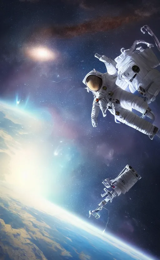 Prompt: astronaut in space by black hole by yongsung kim, sharp focus, intricate, elegant, digital painting, artstation, matte, highly detailed, concept art, illustration, volumetric lighting