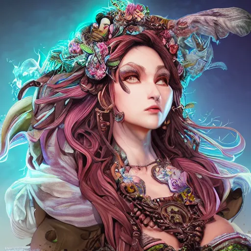 Image similar to the portrait of chaotic good female druid alchemist as absurdly beautiful, gorgeous, elegant, gravure idol, an ultrafine hyperdetailed illustration by kim jung gi, irakli nadar, intricate linework, sharp focus, bright colors, octopath traveler, final fantasy, unreal engine 5 highly rendered, global illumination, radiant light, detailed and intricate environment