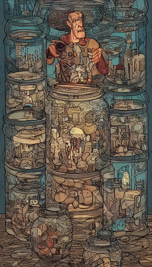 Prompt: BFG with his jars of dreams, futurism, da vinci, Dan Mumford, Josan Gonzalez