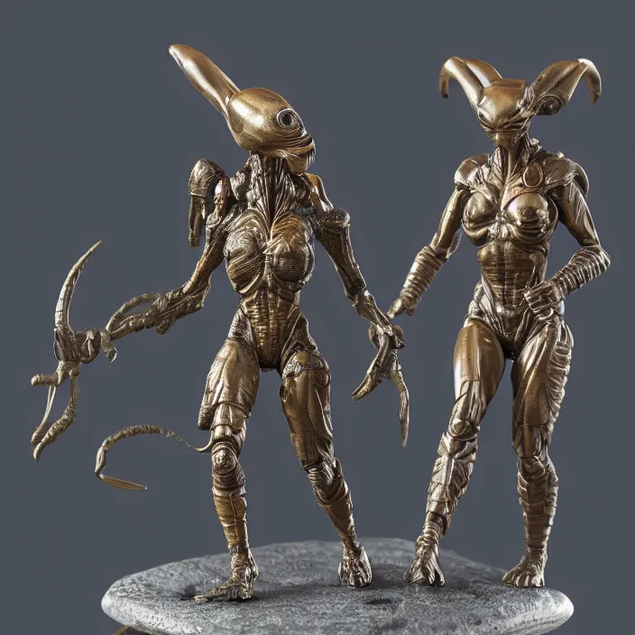 Prompt: 80mm resin detailed miniature of a Alien and a Female warrior, Product Introduction Photos, 4K, Front view, Full body