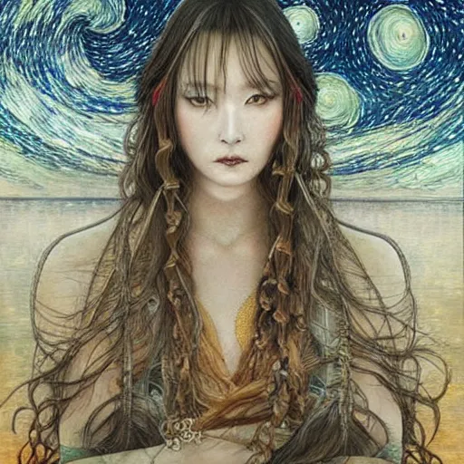 Image similar to by chie yoshii threatening. a beautiful land art of a woman with long flowing hair, wild animals, & a dark, starry night sky.