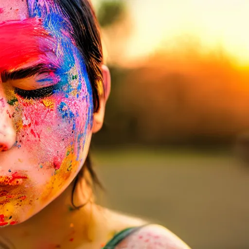 Prompt: 100mm bokeh realistic outdoors photo of a young adult with various colors of paint smeared on their face, eyes closed, sunset behind them, HDR cinematic lens