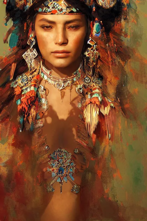 Image similar to aztec princess, gorgeous, close - up portrait, intricate, elegant, volumetric lighting, scenery, digital painting, highly detailed, artstation, sharp focus, illustration, concept art, ruan jia, steve mccurry