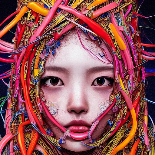 Image similar to the portrait of an unbelievably beautiful and cute japanese girl made up of peppers, an ultrafine detailed illustration by james jean, intricate linework, bright colors, final fantasy, behance contest winner, vanitas, angular, altermodern, unreal engine 5 highly rendered, global illumination, radiant light, detailed and intricate environment