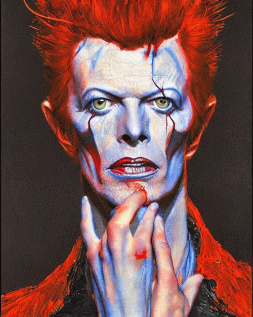 Image similar to portrait of david bowie as the devil by greg rutkowski in the style of egon schiele