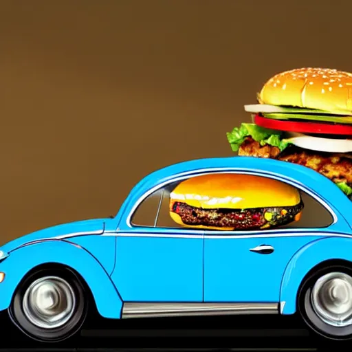 Image similar to a blue beetle car with burgers for wheels m - w 7 6 8