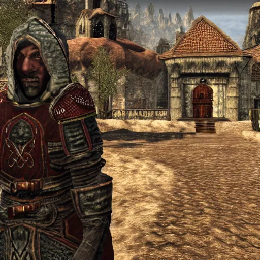 Image similar to attacking screenshot of george st. pierre in morrowind, imperial armor, pc graphics, npc talking, wilderness, 7 2 0 p, elder scrolls iii, detailed, dialog text