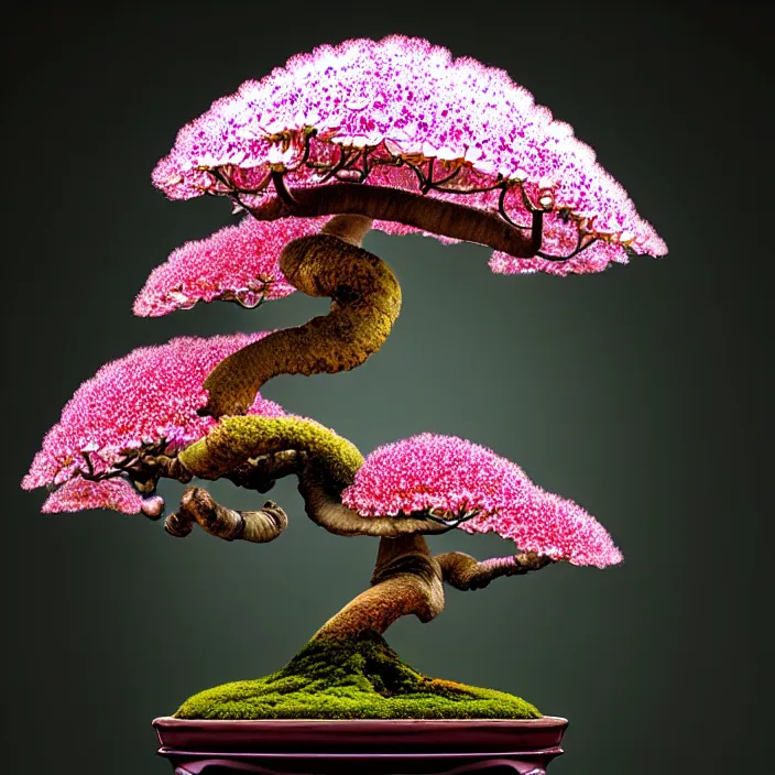 Image similar to extremely psychedelic bonsai made of orchid and cherry blossom tree and mushroom, LSD, diffuse lighting, fantasy, intricate, elegant, highly detailed, lifelike, photorealistic, digital painting, artstation, illustration, concept art, smooth, sharp focus, art by John Collier and Albert Aublet and Krenz Cushart and Artem Demura and Alphonse Mucha